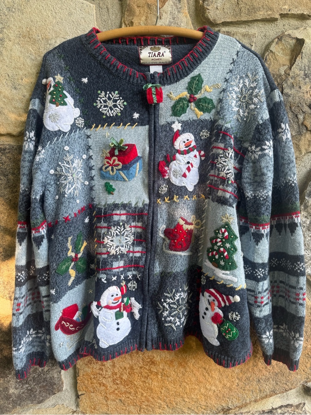Tiara Blue Holiday Christmas Snowman Embroidered Zip Up Cardigan 2XL Fair Isle